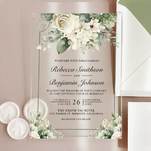Invitaciones Acrílicas Rosa de Marfil Verde Salvia Floral Boda