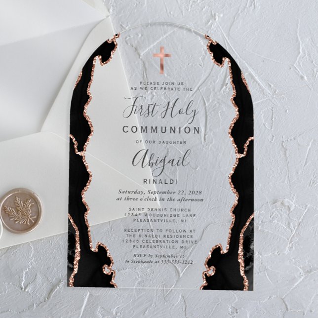 Invitaciones Acrílicas Rosa de oro negro de ágata Primera Comunión (Subido por el creador)