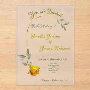Invitaciones Acrílicas Rosa de paz rosa con Boda dorado verde pálido