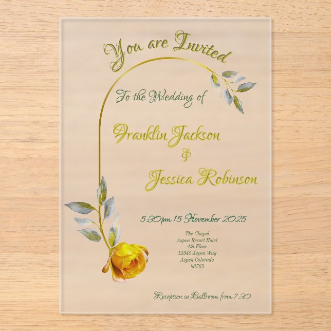 Invitaciones Acrílicas Rosa de paz rosa con Boda dorado verde pálido (Anverso)