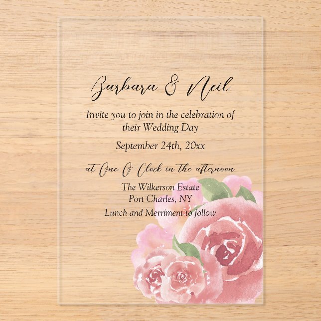 Invitaciones Acrílicas Rosa de Rubor Botánico (Anverso)