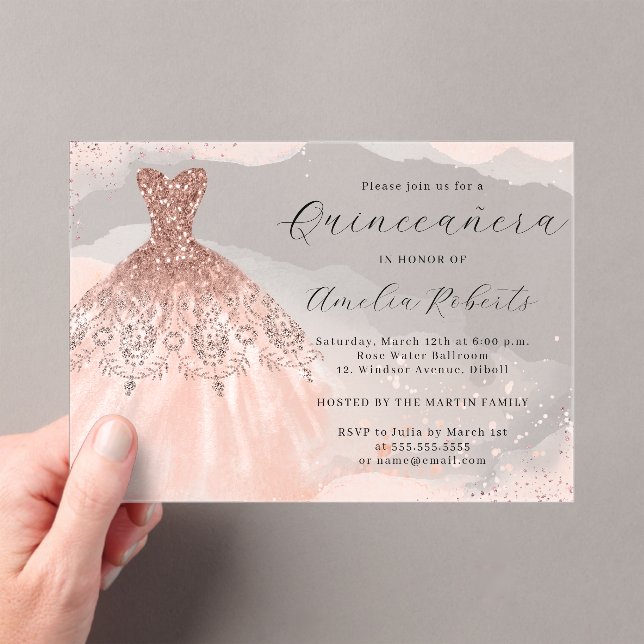Invitaciones Acrílicas Rosa Dorado Elegante Vestido de Esparkle Quinceane (Insitu (portátil))
