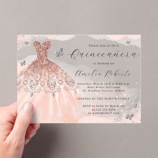 Invitaciones Acrílicas Rosa Dorado Elegante Vestido Mariposa Quinceanera (Insitu (portátil))