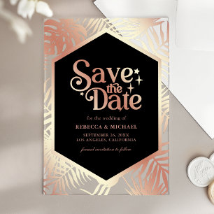 Invitaciones Acrílicas Rosa Dorado Palma Tropical Boda Save the Date