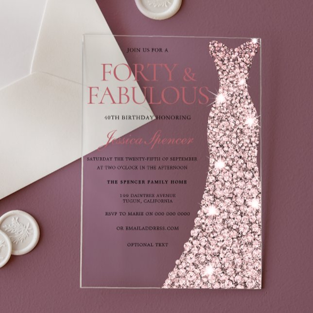Invitaciones Acrílicas Rosa Dorado Sparkle Vestido 40 cumpleaños (Subido por el creador)
