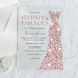 Invitaciones Acrílicas Rosa Dorado Sparkle Vestido 70 cumpleaños