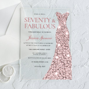 Invitaciones Acrílicas Rosa Dorado Sparkle Vestido 70 cumpleaños