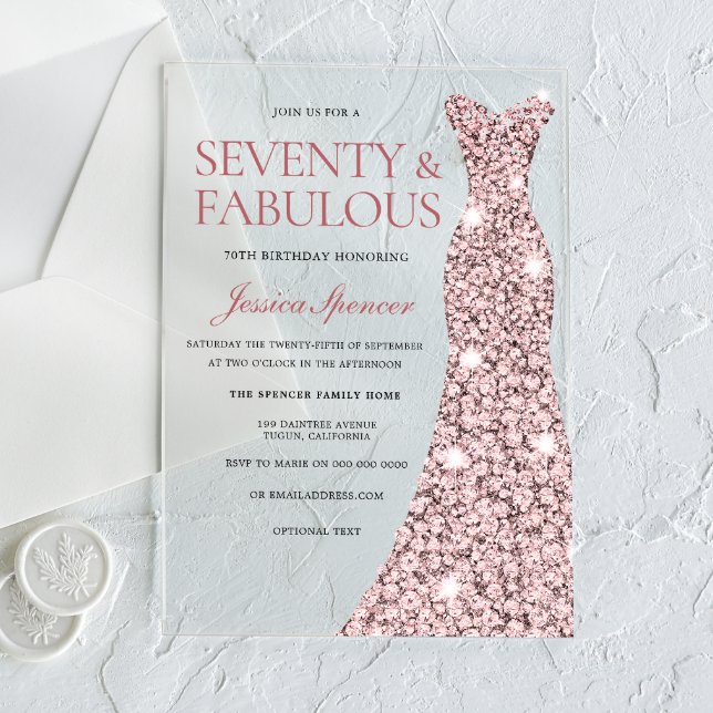 Invitaciones Acrílicas Rosa Dorado Sparkle Vestido 70 cumpleaños (Subido por el creador)