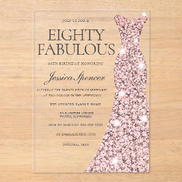Invitaciones Acrílicas Rosa Dorado Sparkle Vestido 80 cumpleaños