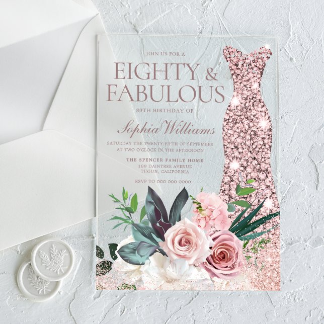 Invitaciones Acrílicas Rosa Dorado Vestido Rubor Floral 80 cumpleaños (Subido por el creador)