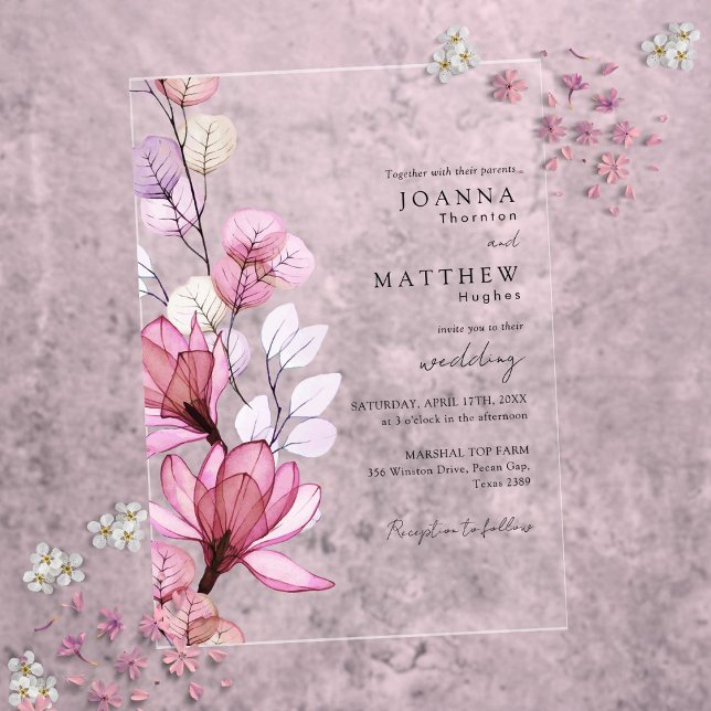 Invitaciones Acrílicas Rosa elegante Boda floral transparente (Elegant Dusty Rose Transparent Floral Wedding Acrylic Invitations)
