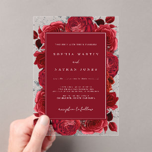 Invitaciones Acrílicas Rosa elegante roja y plateada boda transparente