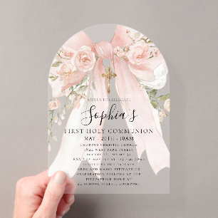 Invitaciones Acrílicas Rosa Empolvada con Lazo Floral Rosa Primera Comuni