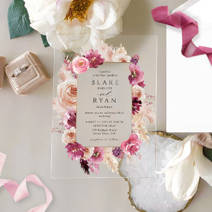 Invitaciones Acrílicas Rosa floral elegante, Borgoña, Boda de champán