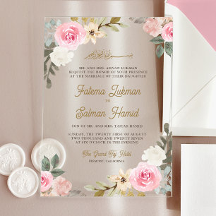 Invitaciones Acrílicas Rosa floral islámico musulmán boda suave pastel