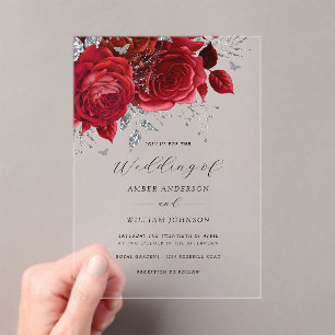 Invitaciones Acrílicas Rosa floral plateada roja Boda