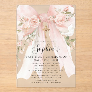 Invitaciones Acrílicas Rosa Floral Primera Comunión Niña con Lazo Rosado