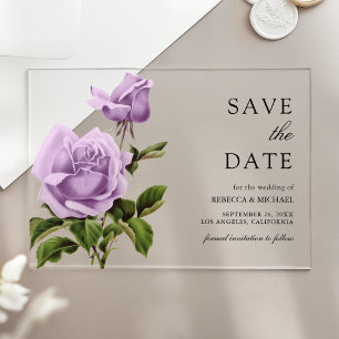 Invitaciones Acrílicas Rosa Floral Púrpura Polvorienta Boda Guardar la Fe