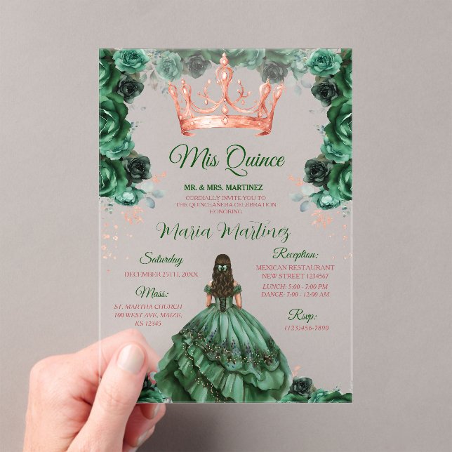 Invitaciones Acrílicas Rosa floral verde esmeralda Crown Mis Quince (Insitu (portátil))