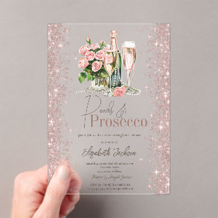 Invitaciones Acrílicas Rosa Gold Confetti Pearls Prosecco Bridal Shower