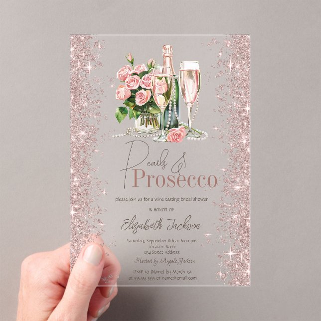 Invitaciones Acrílicas Rosa Gold Confetti Pearls Prosecco Bridal Shower (Insitu (portátil))