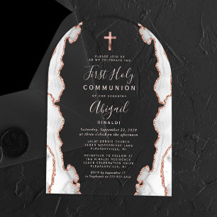 Invitaciones Acrílicas Rosa Gris Oro Ágata Rosa Arco Primera Comunión