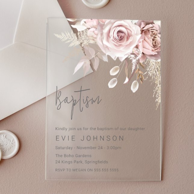 Invitaciones Acrílicas Rosa moderno Boho Dusty y bautismo floral Rubor (Subido por el creador)