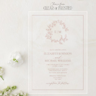 Invitaciones Acrílicas Rosa moderno  Leafy Escudo Monograma Boda