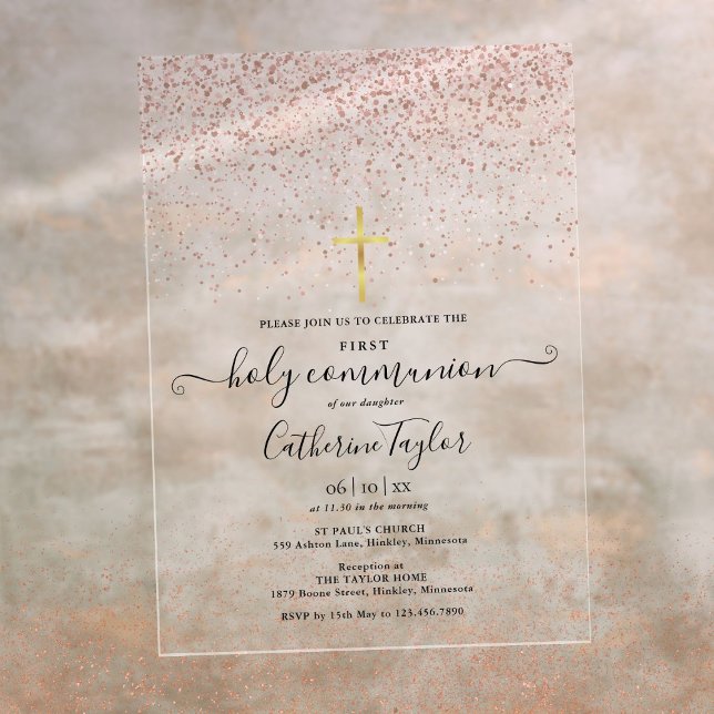 Invitaciones Acrílicas Rosa moderno Purpurina de oro Primera Santa Comuni (Modern Rose Gold Glitter First Holy Communion Acrylic Invitations)