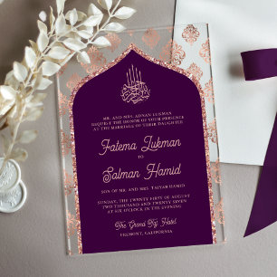 Invitaciones Acrílicas Rosa morado oscuro oro Damask Arch Boda musulmana