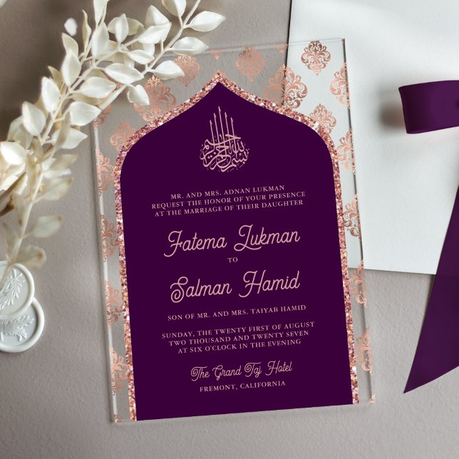 Invitaciones Acrílicas Rosa morado oscuro oro Damask Arch Boda musulmana (Subido por el creador)