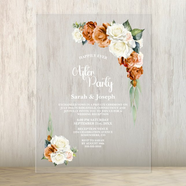 Invitaciones Acrílicas Rosa Naranja  Boda Floral Después Del Fiesta (Subido por el creador)