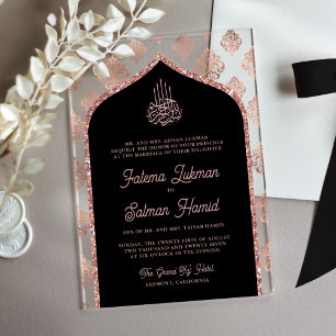 Invitaciones Acrílicas Rosa Negra Boda Musulmana Arco de Damasco Dorado