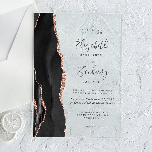 Invitaciones Acrílicas Rosa negro moderno Boda de Agate de Oro (Subido por el creador)