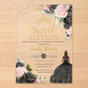 Invitaciones Acrílicas Rosa Negro Roses Floral Tan Princesa Dulce Diecisé