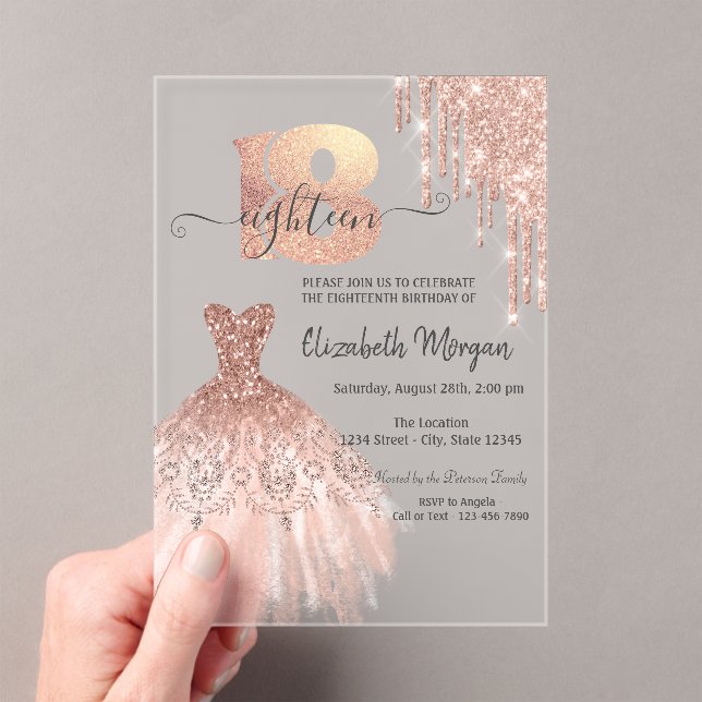 Invitaciones Acrílicas Rosa Oro Drips Vestido Plata 18 cumpleaños (Insitu (portátil))
