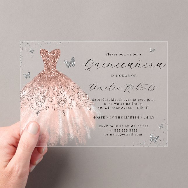 Invitaciones Acrílicas Rosa Oro Elegante Vestido Mariposa Quinceanera (Insitu (portátil))