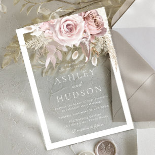 Invitaciones Acrílicas Rosa Polvo y Boda Desvaída con Borde Blanco