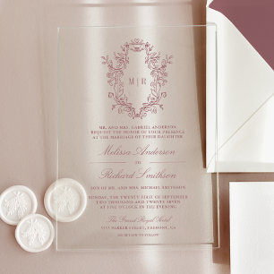 Invitaciones Acrílicas Rosa Polvorienta Crest Monograma Boda Chinoiserie