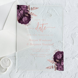 Invitaciones Acrílicas Rosa Púrpura Oro Floral Boda Guardar la Fecha