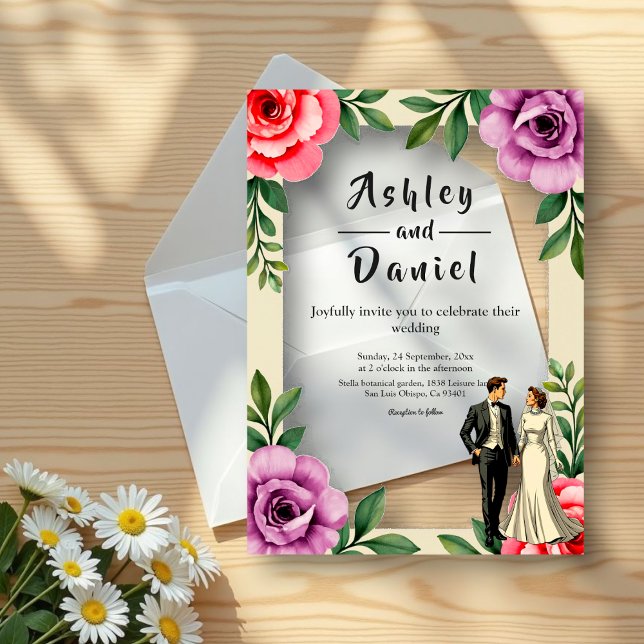 Invitaciones Acrílicas Rosa Púrpura Pareja Boda Floral acuarela (Subido por el creador)