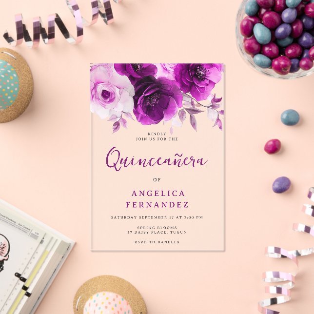 Invitaciones Acrílicas Rosa púrpura Quinceanera Fiesta (Insitu (Celebración))
