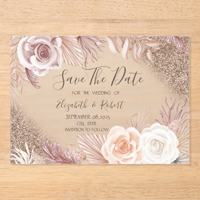 Invitaciones Acrílicas Rosa Purpurina De Oro Boho Flores Ombre Guardar La (Anverso)