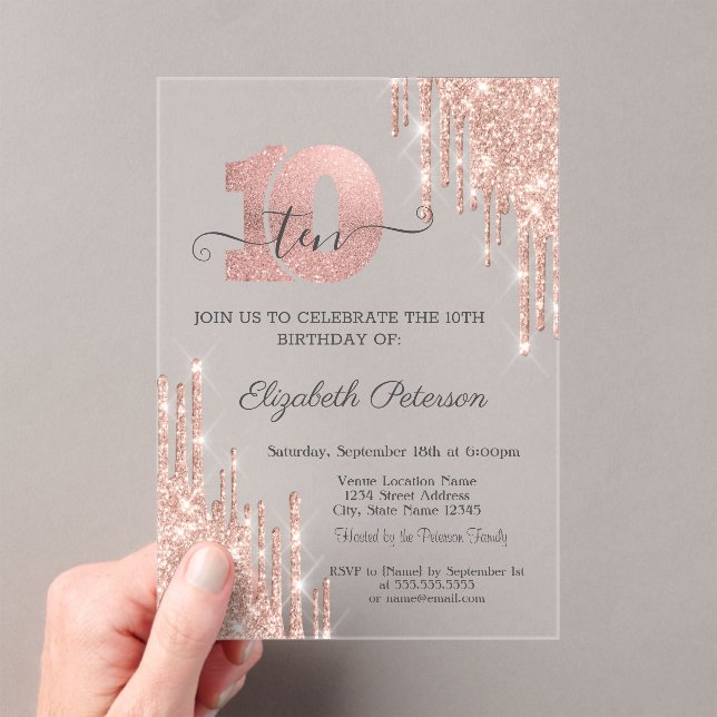Invitaciones Acrílicas Rosa Purpurina de Oro Drips Rosa Oro 10 cumpleaños (Insitu (portátil))