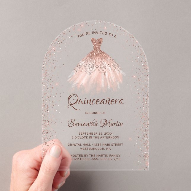 Invitaciones Acrílicas Rosa Purpurina de oro vestido Fiesta Quinceañera (Insitu (portátil))