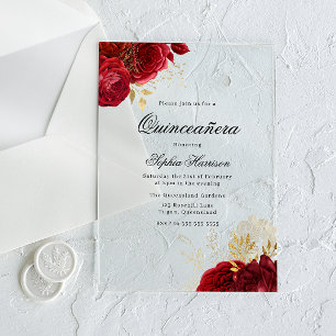 Invitaciones Acrílicas Rosa Roja Clásica y Quinceanera Oro