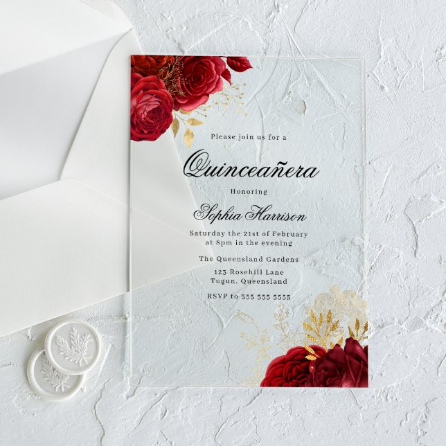 Invitaciones Acrílicas Rosa Roja Clásica y Quinceanera Oro (Subido por el creador)