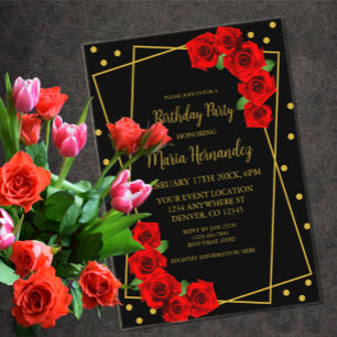 Invitaciones Acrílicas Rosa Roja Cumpleaños Negro y Dorado
