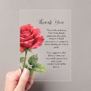 Invitaciones Acrílicas Rosa Roja Floral Funeral Muerte Gracias 