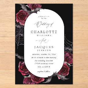 Invitaciones Acrílicas Rosa Roja Halloween Murciélagos Boda Negro